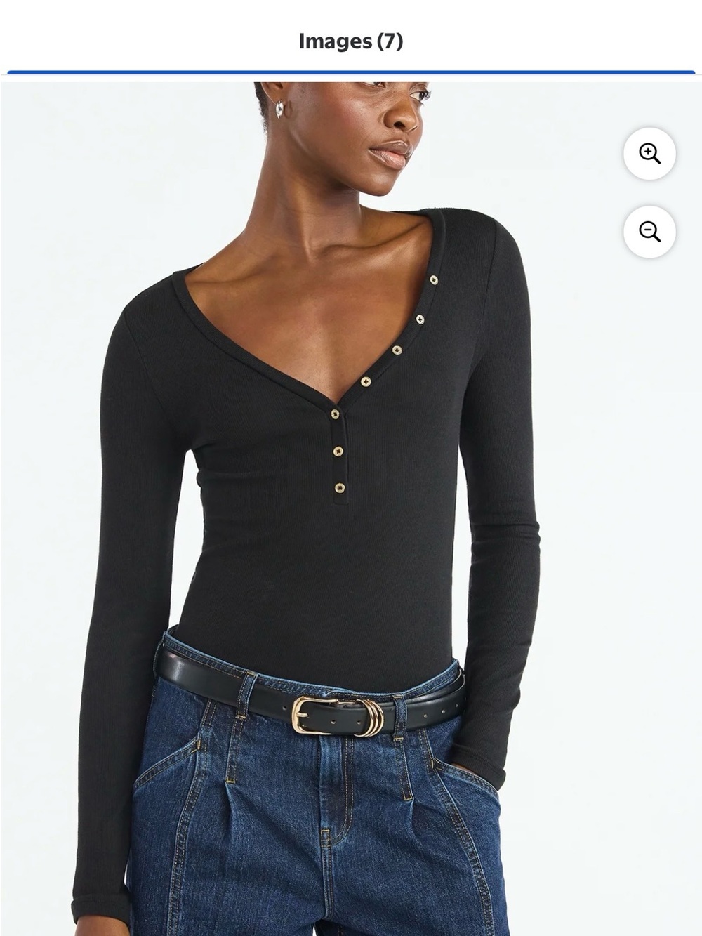 Black Long-Sleeve Ribbed Snap V-Neck Top